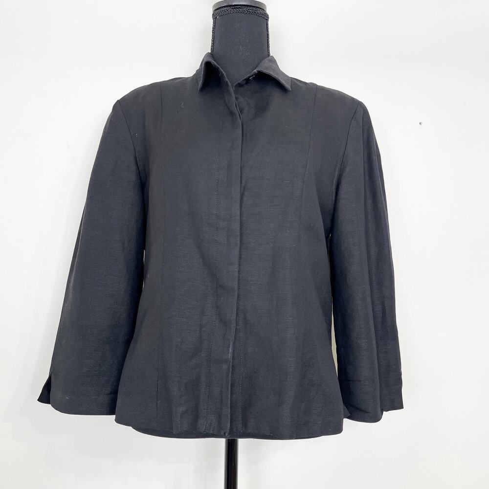 Herman Geist Linen Blazer Jacket Sz10 Black Hidden Buttons Closure Professional‎